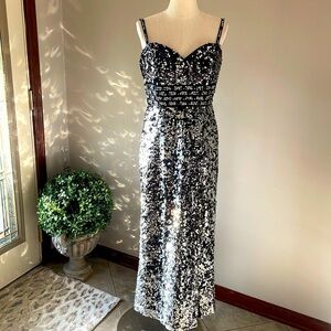 Night Moves formal reversible full sequins maxi dress black silver evening 8